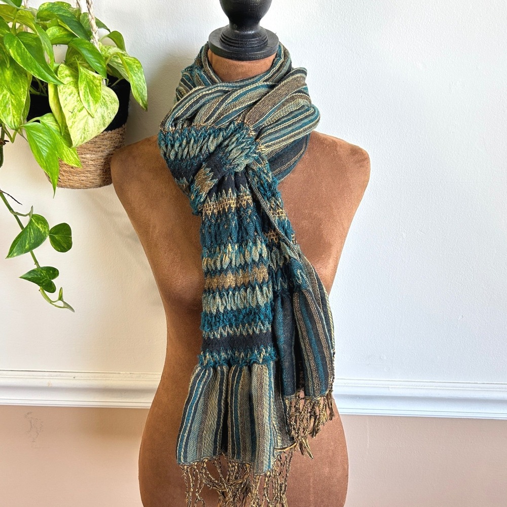 Forever 21 Teal Gold Striped Textured Smocked Fringe Scarf Bohemian Woven